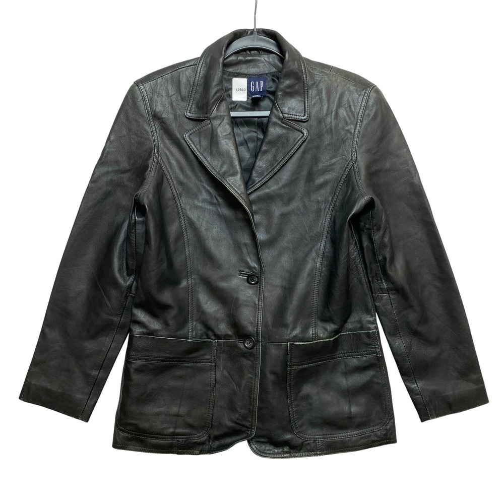 Gap Blazer Womens M Black Genuine Leather Button-Down Classic Patch Pocket
